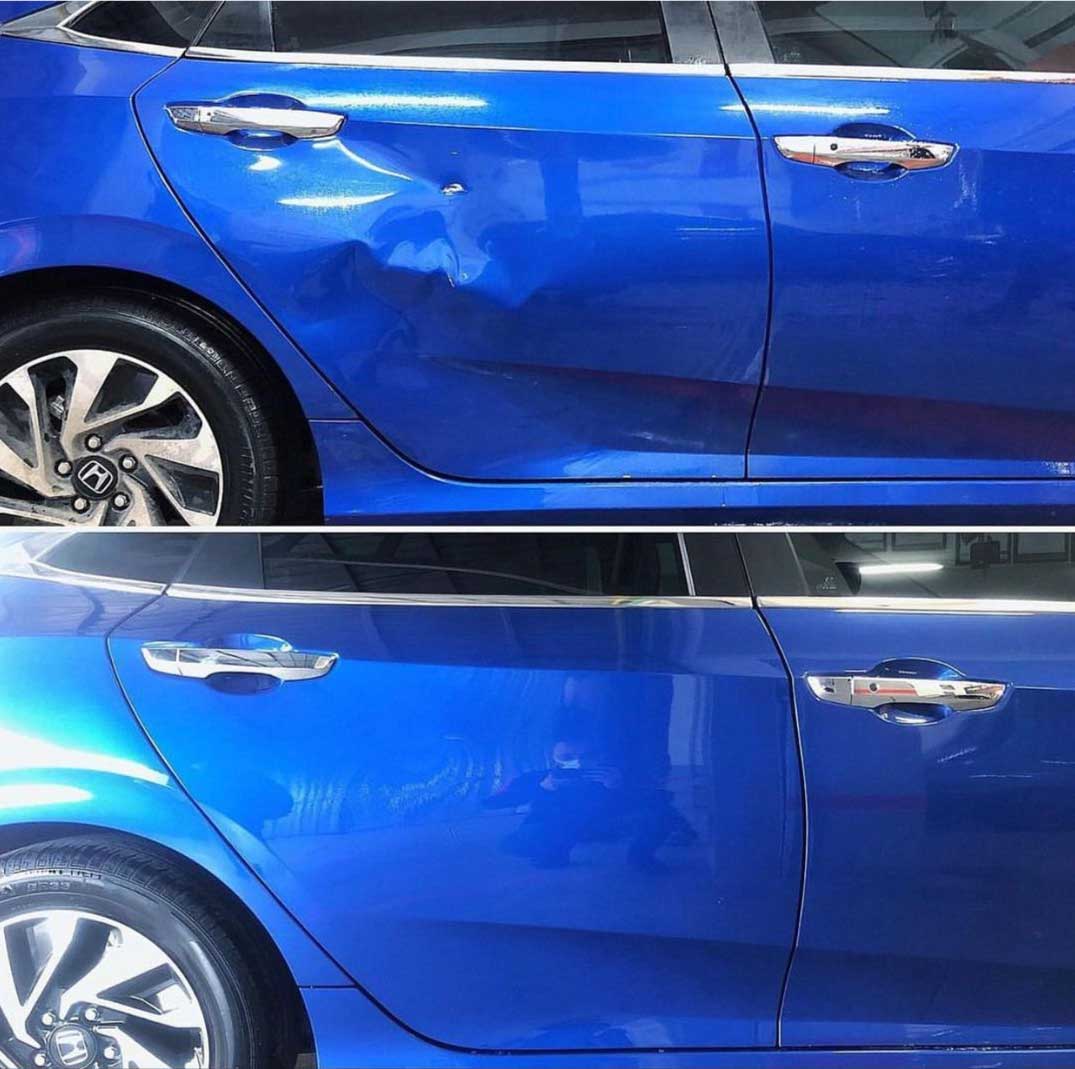 Mavi araç yan panel göçüğü öncesi ve sonrası